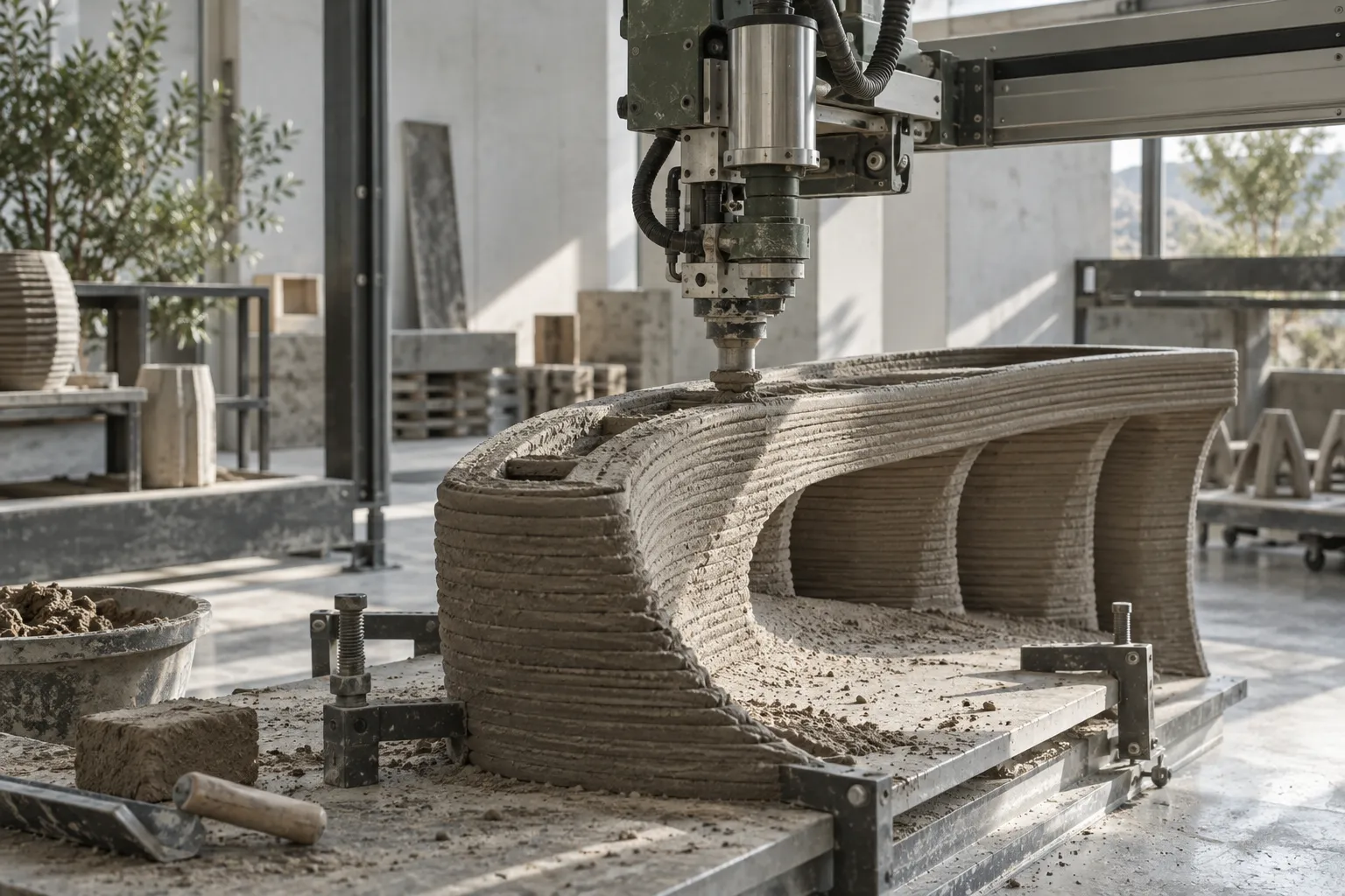 Robotic fabrication head depositing layered mineral material into a curved structural component