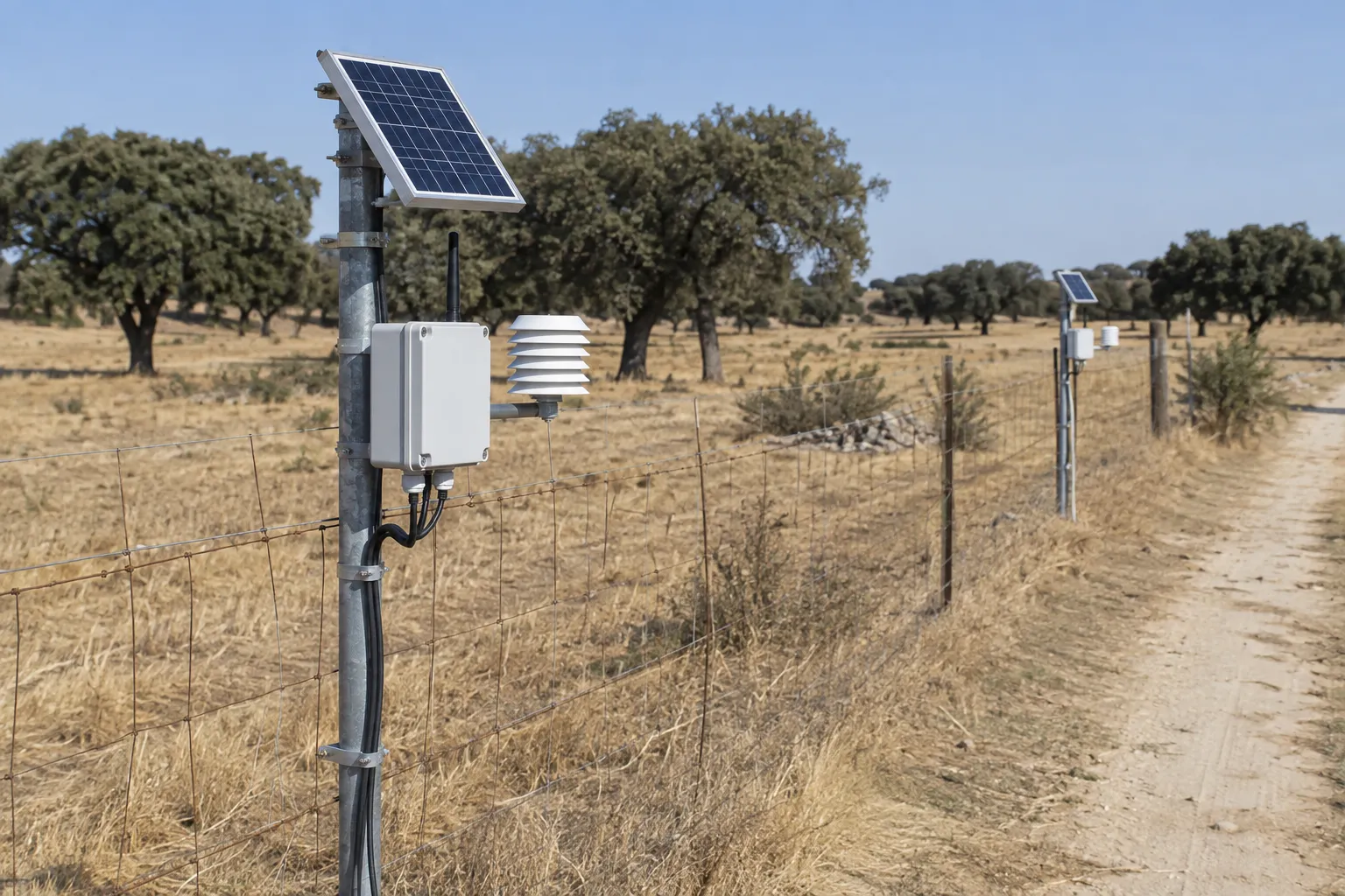 Two solar-powered field monitoring stations installed along an agricultural fence