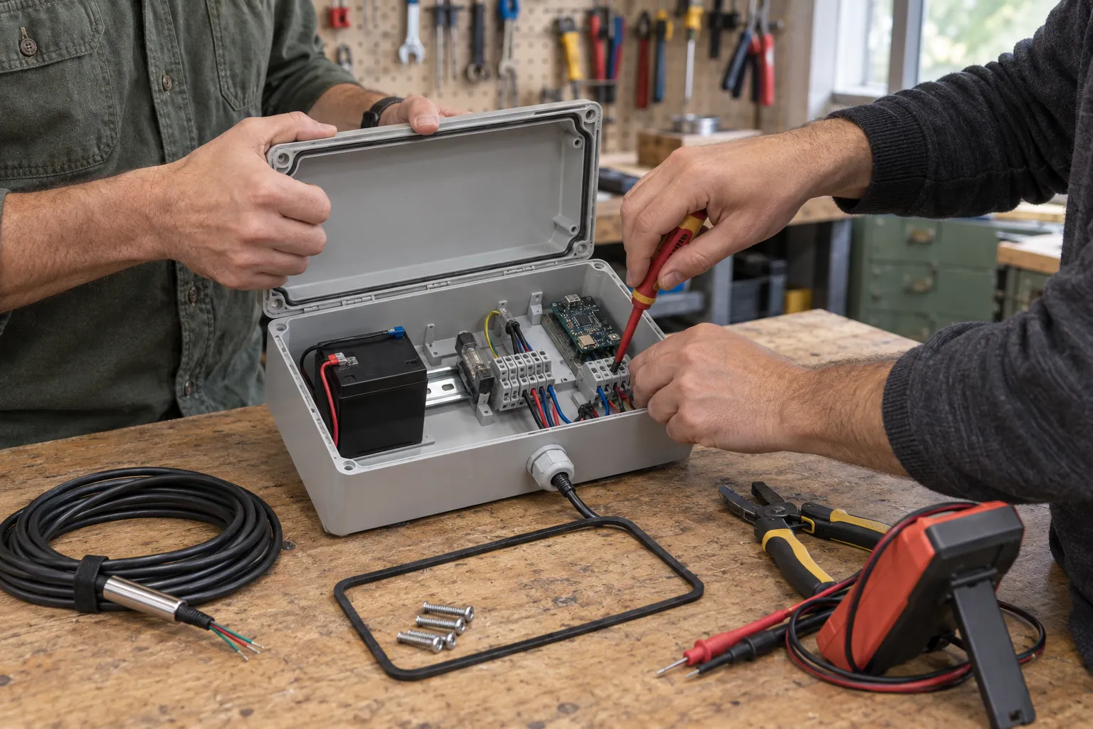 Two technicians wiring a weatherproof environmental monitoring node on a workbench