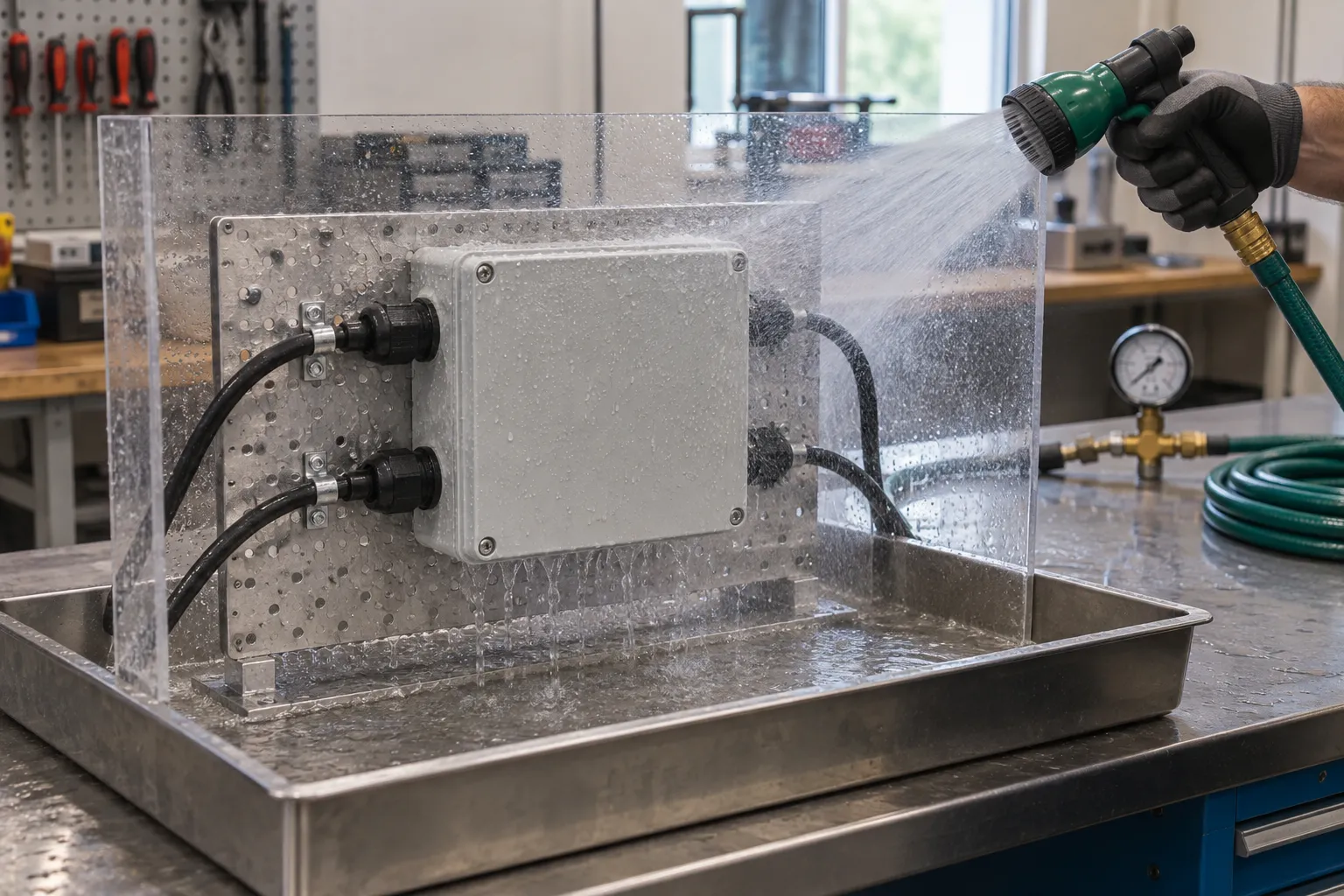 Weatherproof electrical enclosure undergoing a water-ingress test on a workshop bench