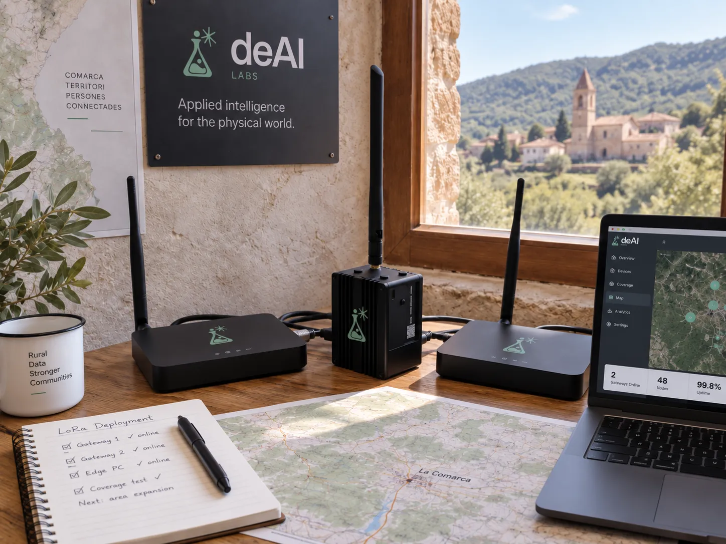 Escenario conceptual con gateways LoRaWAN, ordenador de borde y panel de cobertura territorial