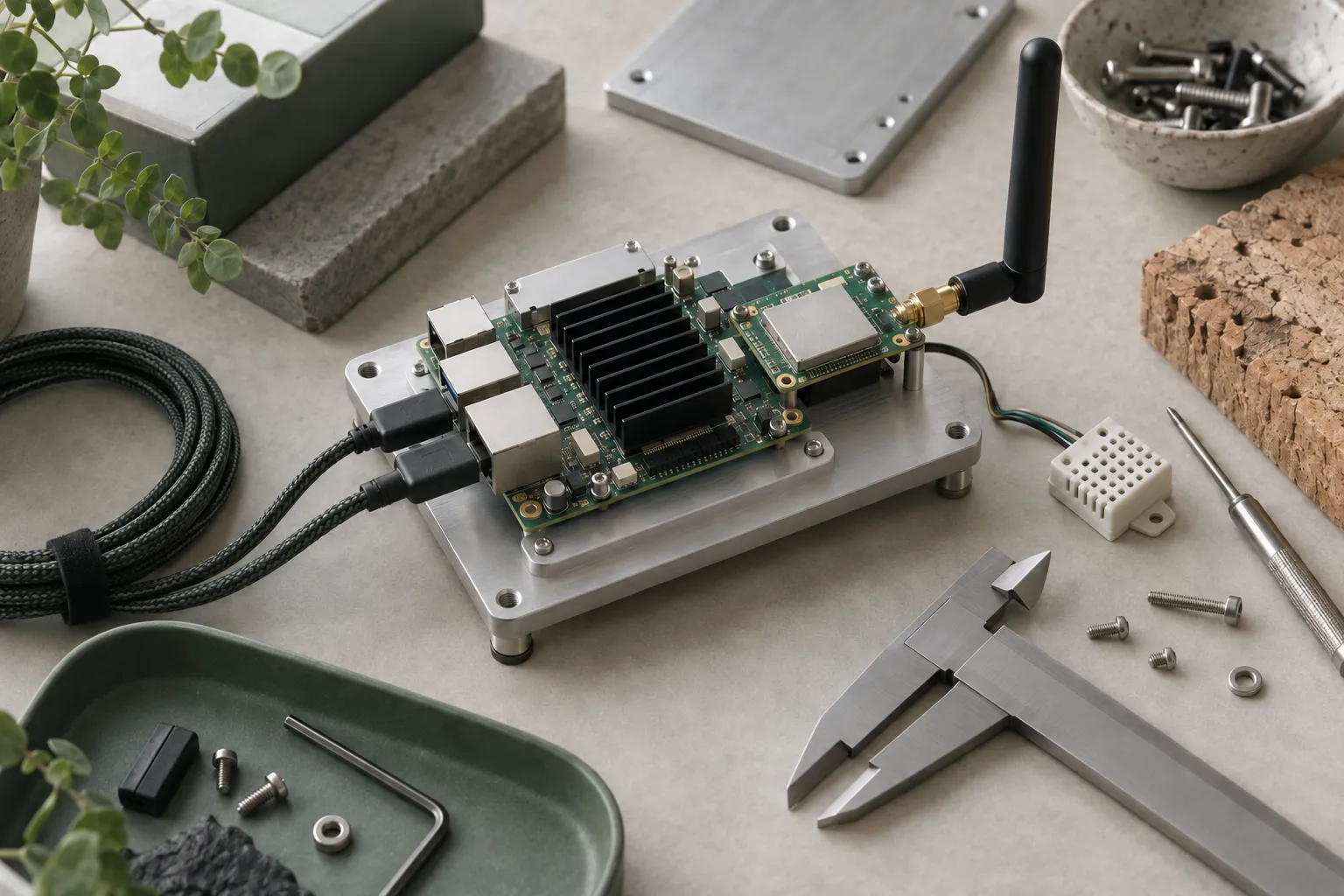 Modular edge-computing prototype with sensor and antenna on an engineering workbench