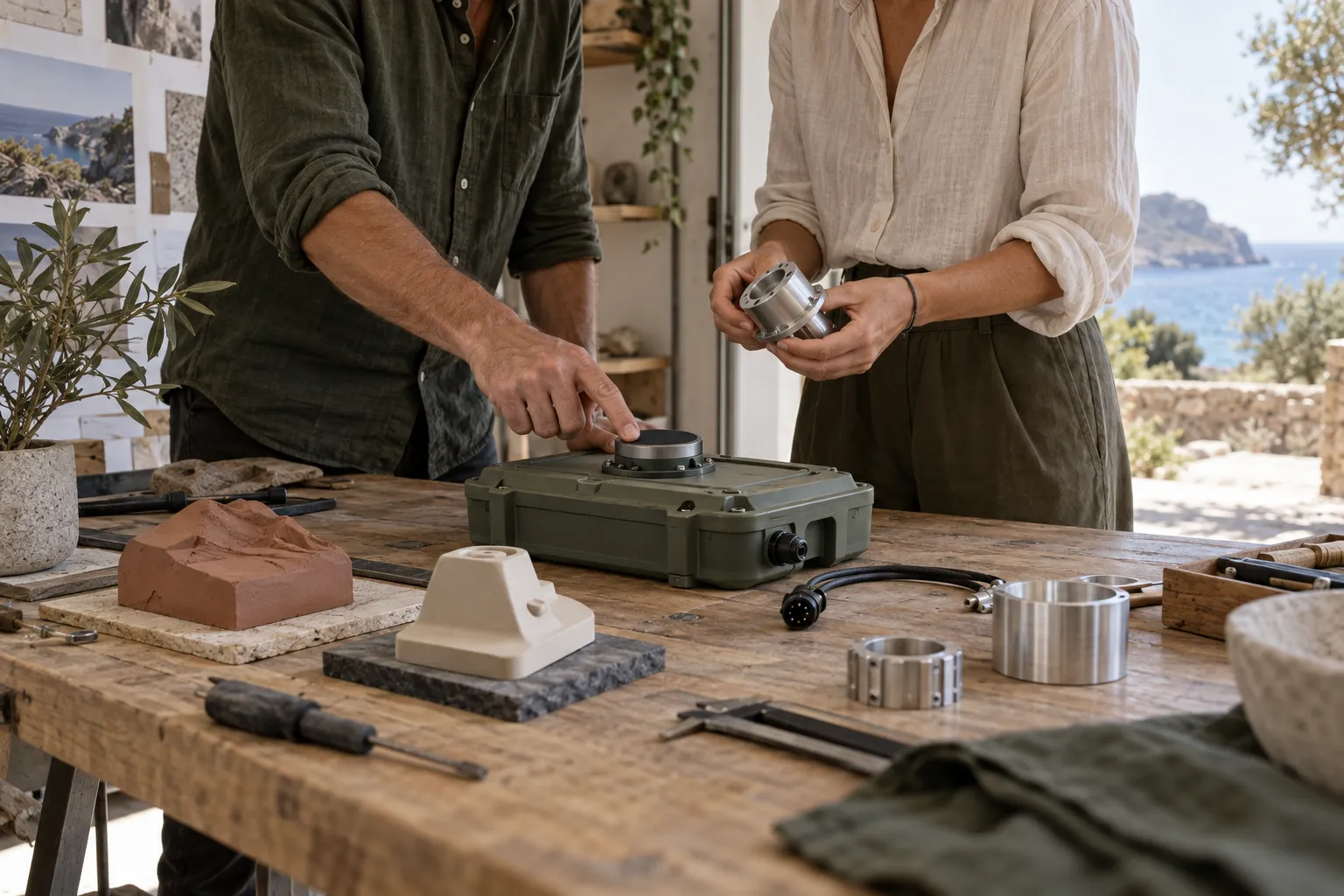 Two technicians comparing a compact sensing unit with physical prototypes
