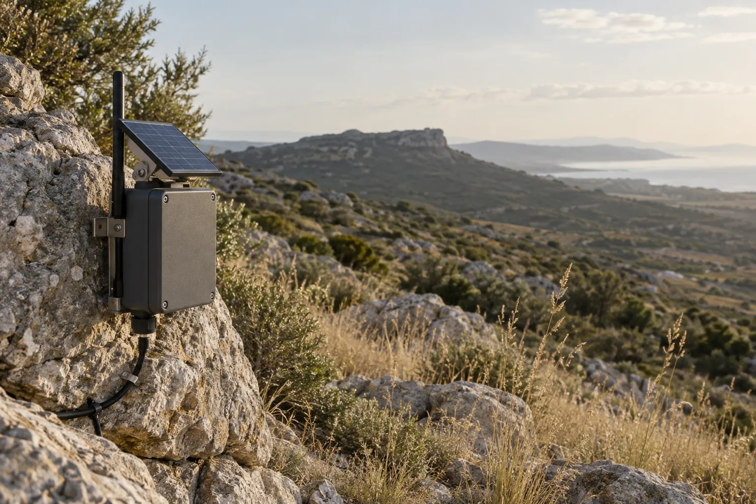 Weatherproof edge sensor powered by a small solar panel in a dry Mediterranean landscape