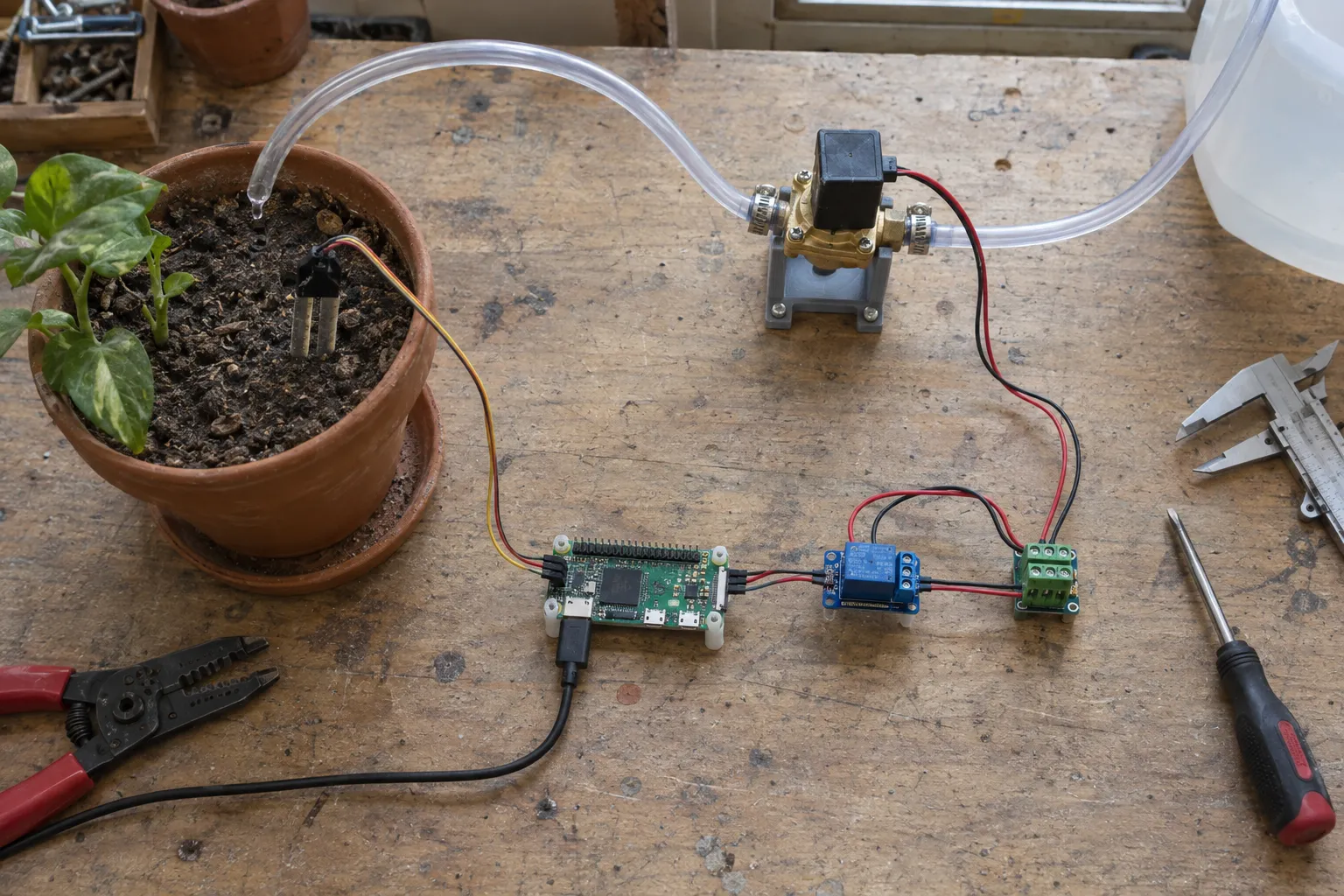 Working plant-irrigation prototype with soil probe, controller, relay and solenoid valve on a workbench